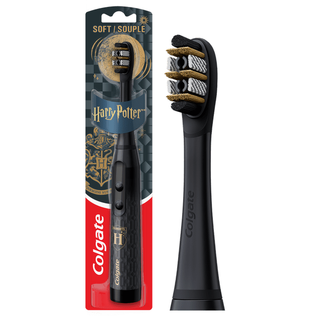 Colgate Harry Potter Adult Battery Powered Sonic Toothbrush with soft bristles shown in packaging and separately, featuring a black handle with Hogwarts crest and Colgate logo, and gold and white bristles designed for sonic plaque removal and surface stain polishing.