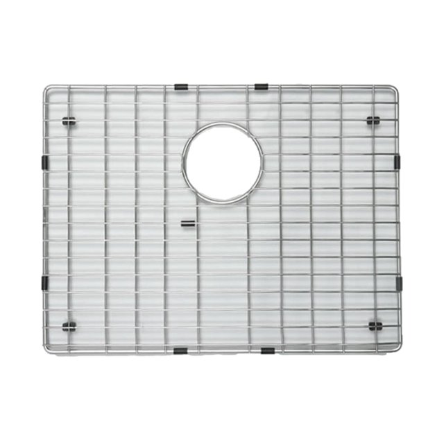 American Imaginations 26-in. W Kitchen Sink Grid AI-34827, a rectangular stainless steel grid with chrome finish and black bumpers, designed for drop-in installation with a central circular drain opening, suitable for protecting kitchen sink surfaces.