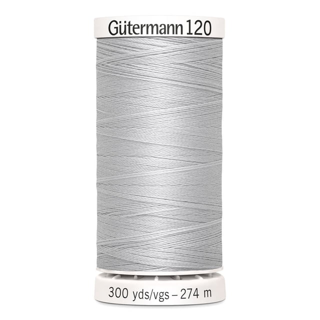 Gutermann 120 100% polyester all purpose thread spool in light grey, tightly wound with 300 yards (274 meters) length, ideal for machine and hand sewing cotton, synthetics, and wool fabrics, also suitable for craft and DIY projects.