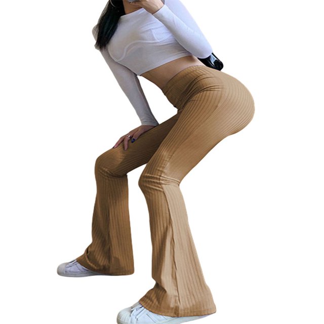 Women Solid Color Ribbed Knit High Waist Flare Pants Y2K Streetwear