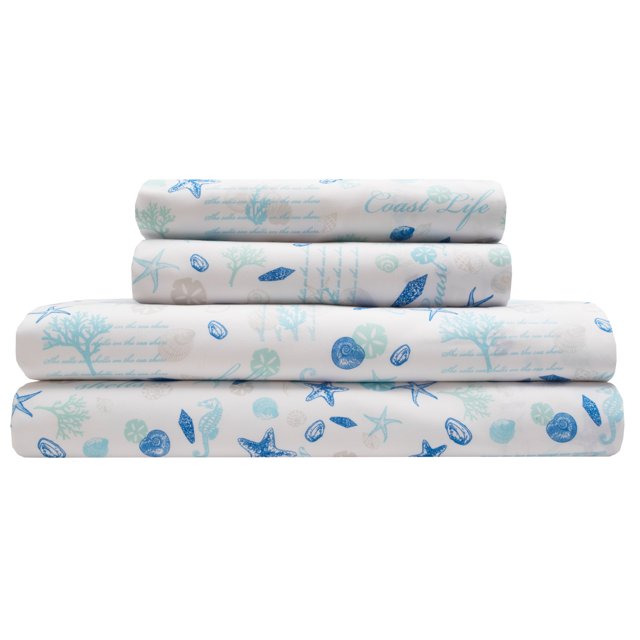 Elite Home Microfiber Coastal Bed Sheet Set, Queen, Hampton Blue