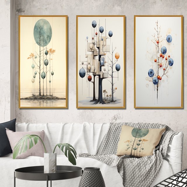 Designart "Vintage Illustration Geometric Tree of Wisdom II" Modern Geometric Framed Wall Art Set Of 3 - Blue Abstract Frame Gallery Set For Office Decor