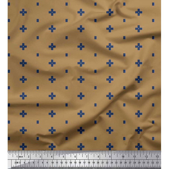 Soimoi Brown Moss Georgette Fabric Geometric Plus Sign & Jamdani Decor Fabric Printed Yard 42 Inch Wide