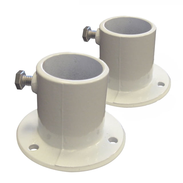 Blue Wave Aluminum Deck Flanges for Above Ground Pool Ladder - Pair, two white cast aluminum flanges with cylindrical holders and flat bases with three mounting holes each, featuring side screws to secure 1.5-inch diameter ladder tubes, used to anchor pool ladders to decks and suitable for securing similar tubular structures.