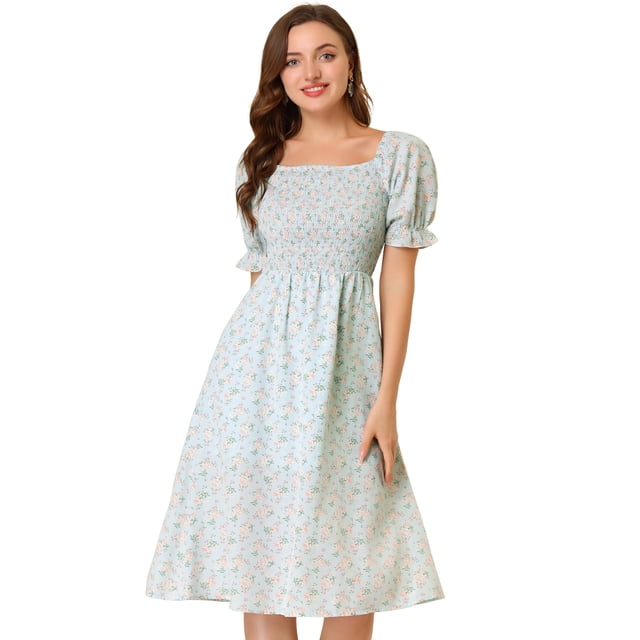 INSPIRE CHIC Robe Midi Décontractée pour Femme à Encolure Carrée, Manches Bouffantes, Smockée, à Fleurs