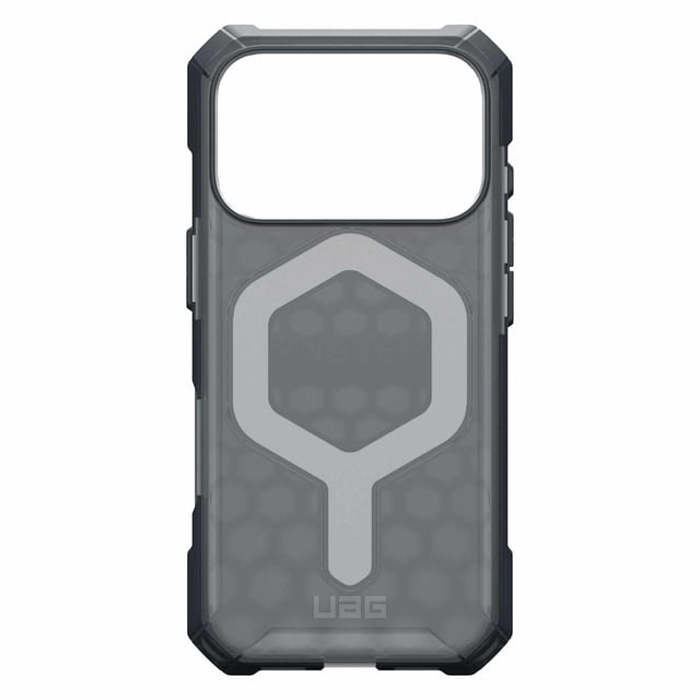 UAG Essential Armor MagSafe Rugged Case Ash for iPhone 17 Pro in translucent ash gray with hex pattern shock absorption, enhanced corner protection, raised camera bezel, oversized tactile buttons, and built-in MagSafe magnet for wireless charging compatibility.
