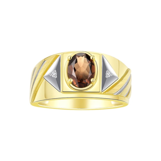 RYLOS Men's Rings 14K Yellow Gold Ring Classic Designer Style 8X6MM Oval Gemstone & Diamond Ring Smoky Quartz Birthstone Rings For Men Size 13