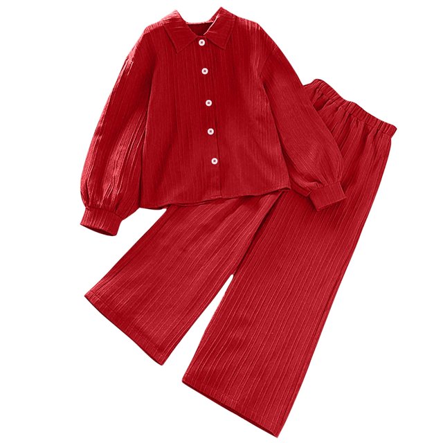 vdgthytj Toddler Boy Girl Fall Spring Clothes Kids Long Sleeve Button down Shirt and Wide Leg Pants 2PCS Lounge Outfit