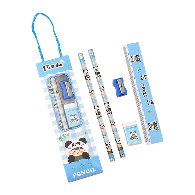 TopLLC 5 Pcs Stationery Set for Primary School Students, Kawaii Animals Design Including 2 Pcs Pencil Sharpener Eraser and Ruler, Draw and Sketch Pencil Kit Back to School Supplies Gifts for Kids