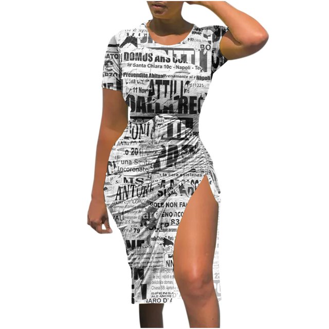Birdeem Robe Mode Femme Aguichant Col Rond Imprimé Manches Courtes Slim avec Cordon de Serrage