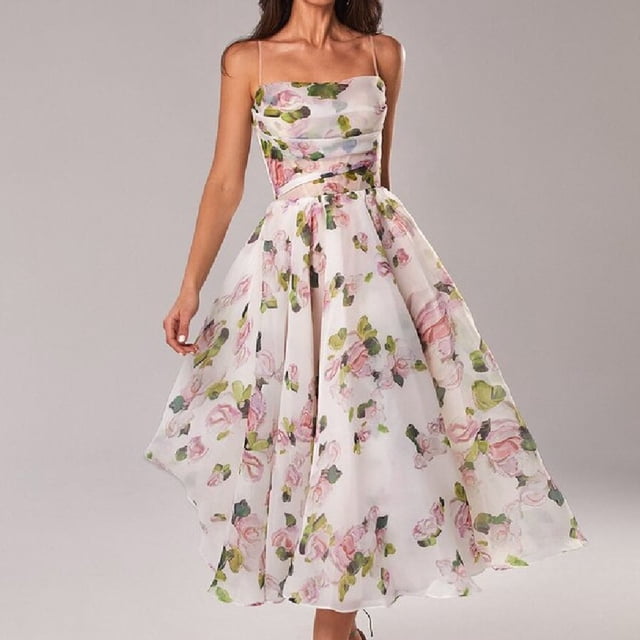 FcBaudy Robe Camis Sans Manches à Col en V, Robes d'Été pour Femmes, Robes pour Femmes à Bretelles Sans Bretelles en Chiffon Sans Manches Imprimées Robe Botanique Florale Robe Femme