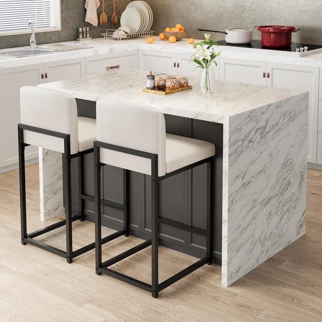 BeesClover Bar Stools Set of 2, Modern Counter Height Bar Stools with Back and Footrest, Faux Leather Upholstered Barstools Chairs for Kitchen Island Dining Room Bar