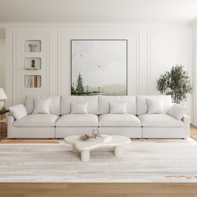 The Magic Home Canapé Sectionnel Modulaire en Lin à 4 Places, Blanc