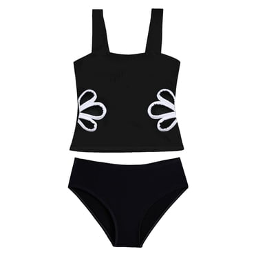 Curenmufel Girls Swimsuit Two Piece Girls Two Piece Tankini Swimsuit Hawaiian Ruffle Swimwear Bathing Suit Set Size 9-10 (Black,9-10 Years)
