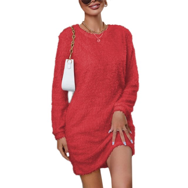 LUXUR Robe Chandail pour Femme Chandail en Peluche Chandail à Manches Longues Mini Robes Ample en Molleton Rouge TG