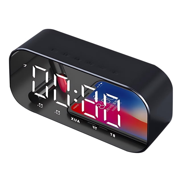 EGNMCR Clock Alarm Clock Réveil Mural Haut-Parleur Sans Fil Bluetooth Caisson de Basses Nouveau Haut-Parleur de Chevet Ingénieux. un Appareil Moderne en Forme de Cuboïde Noir avec un Affichage d'Horloge Numérique Miroir. Offre une Connectivité Bluetooth 4.2, un Son Stéréo et la Fonctionnalité Réveil. Compact et portable, Idéal pour les Chambres, les Bureaux Ou les Voyages. Prend en Charge la Lecture aux, Carte TF, USB et radio FM. Alimenté par une Pile de 2200mAh pour jusqu'à 6 Heures d'Utilisation.