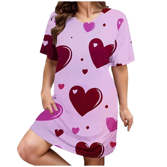 RANJIE Nuisette pour Femme Grande Taille à Imprimé Cœur, Manches Courtes, Col Ras du Cou, Coupe Ample, Robe de Nuit pour la Saint-Valentin, Rouge TTG