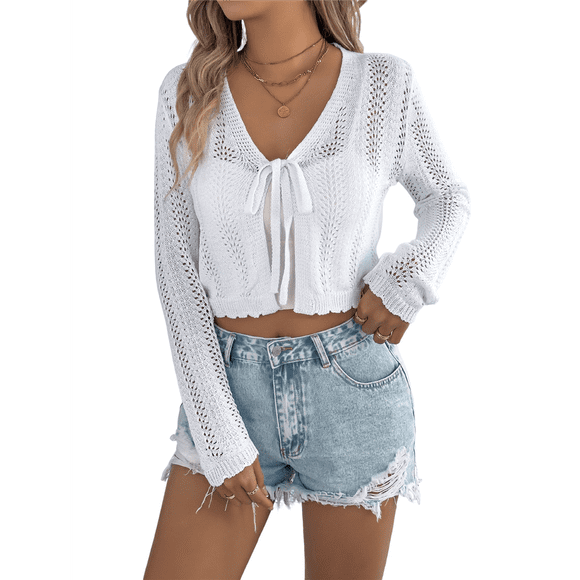 Women's Light-Weight Shrugs Crochet Sweaters Tie Front 3/4 Sleeve Cropped Cardigan for Spring Summer White L