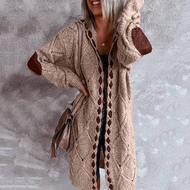 Cardigan Grande Taille pour Femmes Long à devant Ouvert Chandails en Tricot Épais avec Coudières Manteau d'Extérieur à Manches Longues (P-2TG)