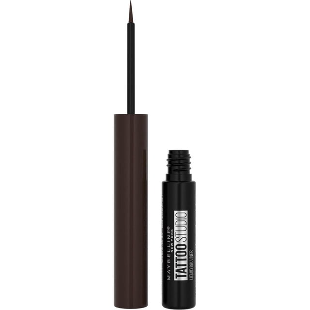 Maybelline New York Liquid Ink Eyeliner with open black bottle and brown cap showing fine-tipped brush applicator, featuring tattoo ink formula for up to 36 hours of fade-resistant, smudge-resistant eye makeup wear, suitable for precise, long-lasting definition.