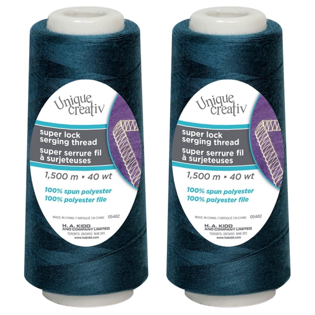 UNIQUE CREATIV TRULOCK Polyester Serging Thread 1500 m (1640 yd), Teal — close-up front view of a tall plastic cone with tightly wound teal 40 wt polyester serger thread and molded base; label shows brand and length; suitable for overlock seams, rolled hems and edge finishing on apparel, accessories and home décor projects.
