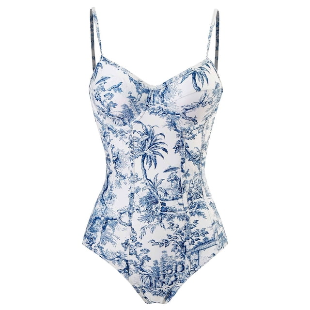 RKSTN Maillot de Bain pour Femmes Maillot de Bain une Pièce Conservateur Amincissant Imprimé Rétro avec Support en Acier Sac Rigide (Support en Acier avec Coussin de Poitrine) Maillot de Bain Décontracté pour Femmes