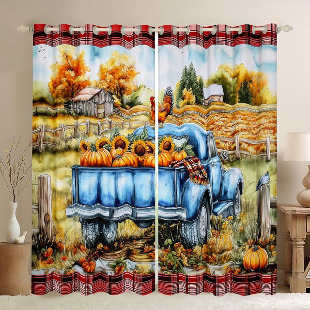 YST Rideaux de Fenêtre de Camion de Ferme Campagnarde Action de Grâce Récolte Citrouille Tournesol Rideaux et Draperies Automne Automne Rideaux Occultants 42"L X 63"H Rétro Rustique Ferme Cabane Rideaux 2 Panneaux