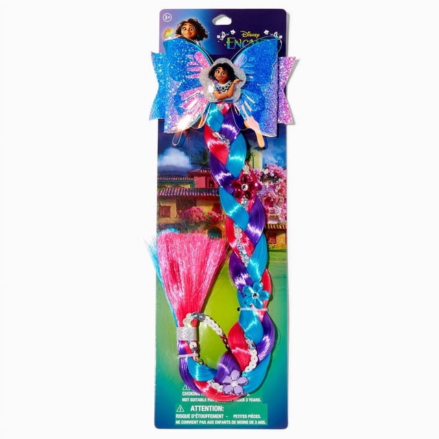 Claire's Filles Disney Encanto Tresse de Faux Cheveux Multicolore, un Accessoire de Cheveux vibrant avec des Faux Cheveux Roses, Bleus et Violets Ornés de Paillettes et de Fleurs. Attaché à un Nœud Papillon Ombré Bleu avec un Charme Mirabel. Convient aux 3 Ans et Plus.