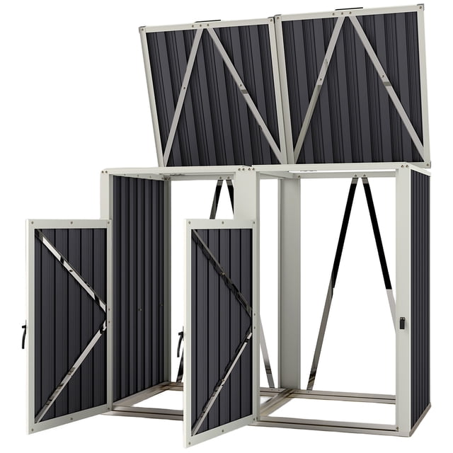 CoSoTower Double Garbage Bin Shed, Lockable Outdoor Storage Shed with Openable Lid, Galvanized Frame for Garden Patio, Dark Grey