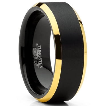 Mens Tungsten Ring Black Goldtone Wedding Band Beveled Edges Comfort-fit 8MM 8.5