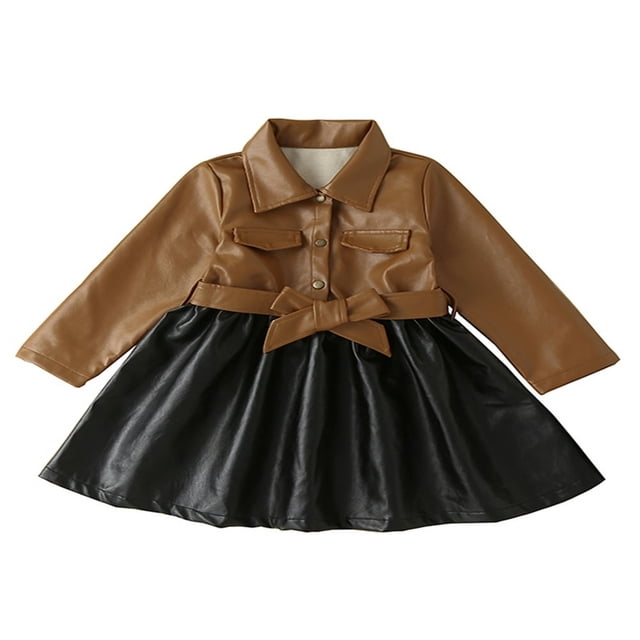 Robe à Manches Longues pour Fille, Col Rabattu, Fermeture à Boutons, Veste en Cuir PU