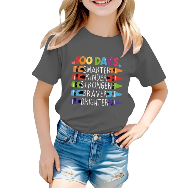 LUOGENLI T-Shirt pour Filles Enfants Mode Décontractée Imprimé Col Rond Ample Manches Courtes T-Shirt Haut Chemises pour Filles Tendance Été Mini Gris 4-5 Ans