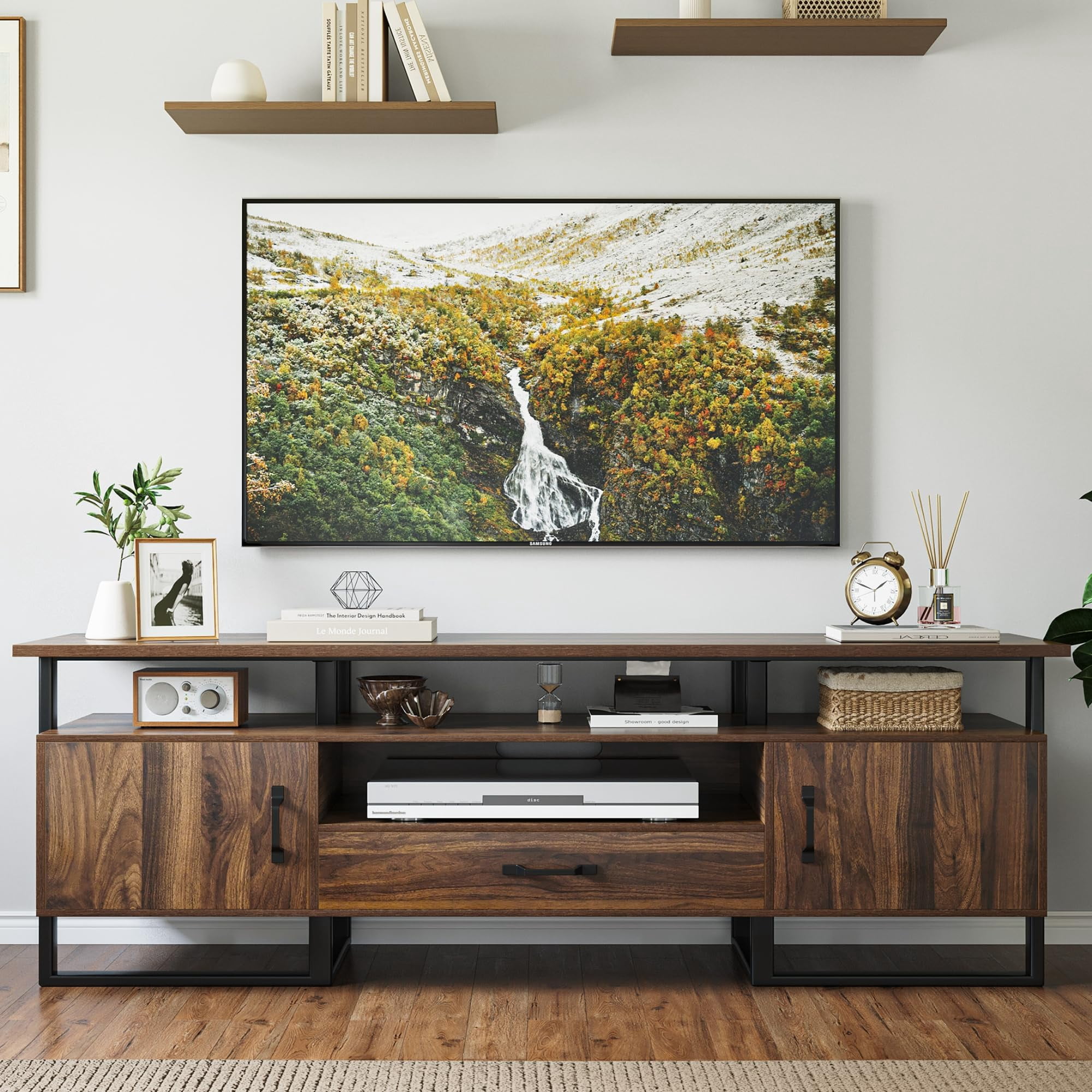 TV Stand for 70 in TV, Entertainment Center with Storage & Drawer – Industrial Media TV Console Cabinet for Living Room & Bedroom, Brown