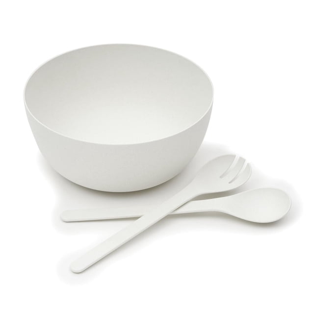 PLA 3 Piece Salad Set with a round white serving bowl featuring a wide mouth and flat base, accompanied by an oversized serving spoon and pronged fork made from 100% natural, biodegradable, and compostable materials, ideal for salads, soups, and mixing ingredients.