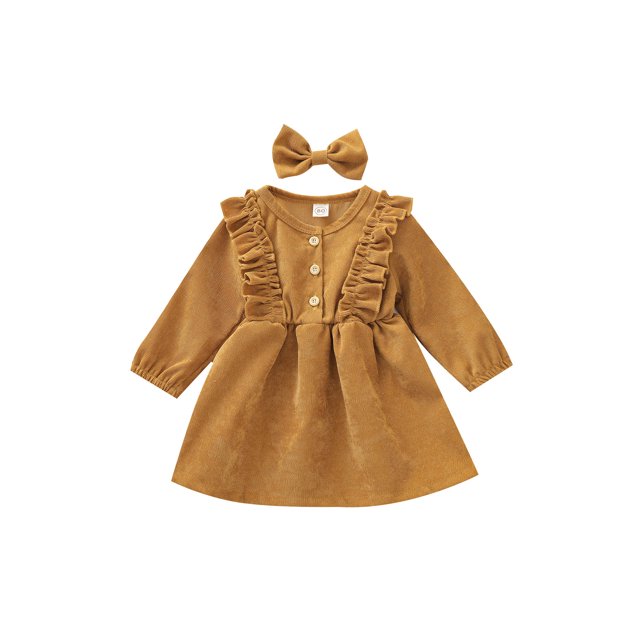 Kmbangi Baby Girl High-Waist Ruffle Buttons Princess Pleated Dress Headband