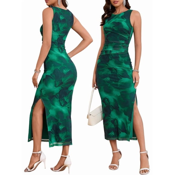 Women'S Sleeveless Summer Wedding Guest Dress Bodycon Floral Mesh Ruched Cocktail Maxi Dresses Emerald Green XL