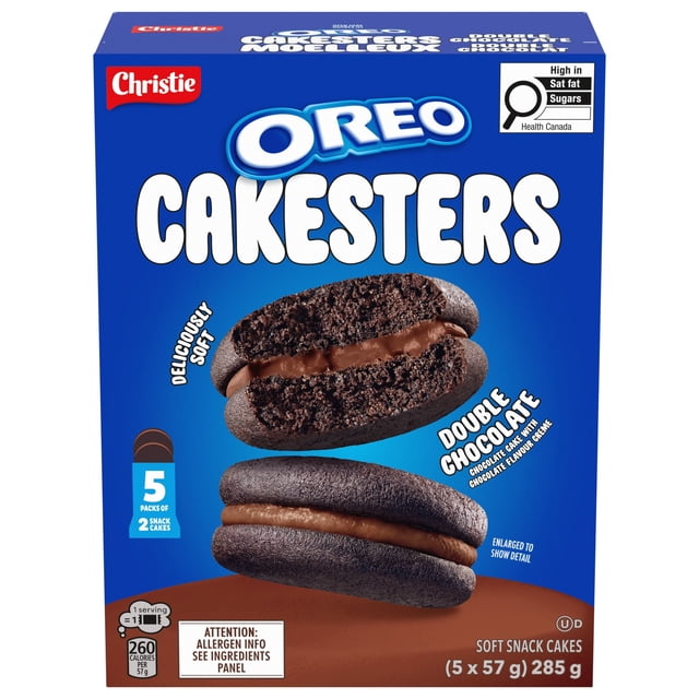 OREO Cakesters Soft Snack Cakes Double Chocolate box with five packs of two soft-baked chocolate snack cakes filled with chocolate creme, weighing 285 g total, featuring Health Canada label for saturated fat and sugars, suitable for convenient snacks or lunch packing.