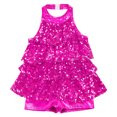 thumbnail image 4 of TiaoBug Girls Sleeveless Shiny Sequins Halter Tassel Mini Dress Latin Jazz Salsa Samba Rumba Unitard Dress Rose 10, 4 of 6