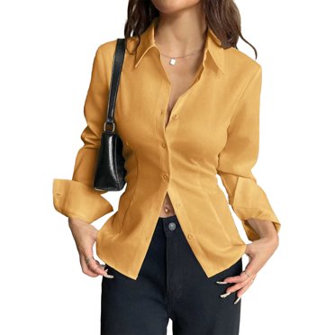 Ltctricy Women's Button down Shirts Trendy Long Sleeve Tie Back Rushed Curved Hem Slim Collared Blouses Dressy Casual Tops(Yellow,Small)