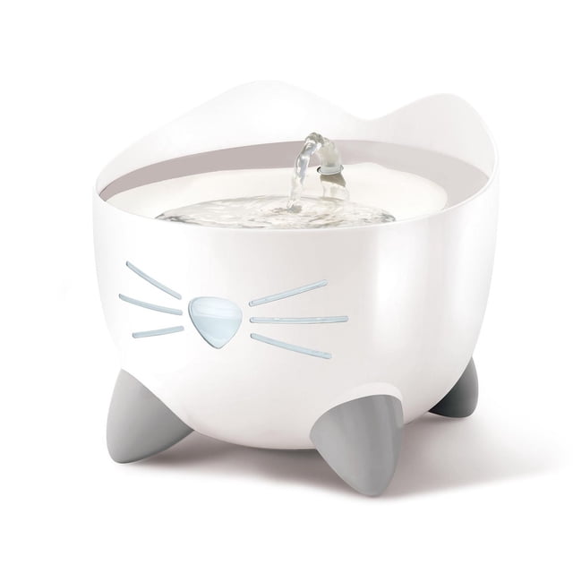 Catit PIXI Stainless Steel Cat Fountain 20.5 L, a white cat-shaped water fountain with gray paws and a flowing water spout, featuring a backlit nose and whiskers as a water level window, ergonomic design with a quiet pump and triple action filter for clean water, suitable for cats to drink comfortably even during power outages.