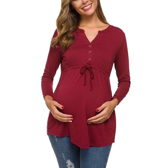 zanvin Chemises de Maternité pour Femmes Article des Fêtes, Col en V Manches Longues Bandage Couleur Unie Blouse d'Allaitement pour Femmes Enceintes, Rouge
