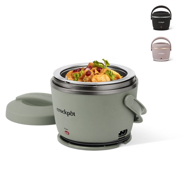 Crock-Pot Electric Lunch Box, Portable Food Warmer for On-the-Go, 20-Ounce in moonshine green with detachable lid and handle, open to show warm pasta with garnish inside, featuring a soft-touch matte exterior, power indicator light, and removable inner container, suitable for office or travel use.