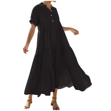 JGGSPWM Women Cotton Linen Casual Solid Half Button Long Sleeve Pleated High Waist Flowy Maxi Shirt Dress Black S