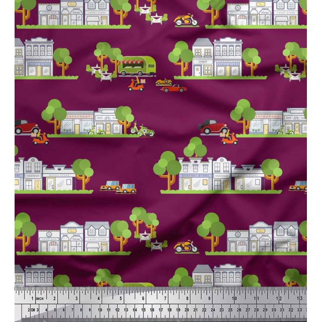Soimoi Satin Silk Fabric Vehicles,Tree & Shops Architectural Print Fabric by the Yard 42 Inch Wide