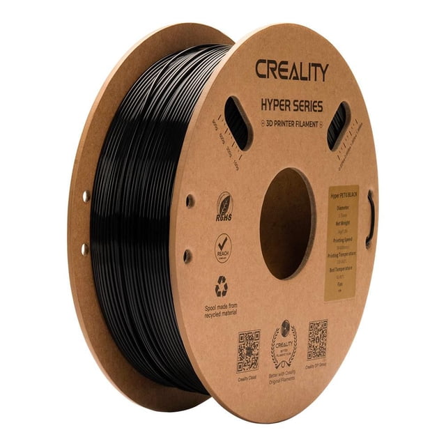 Creality Série Hyper Filament d'Impression 3D PETG 1 kg, Vue Centrée Noire Orientée vers l'Avant d'Une Bobine de Filament PETG Noire de 1 kg Montrant des Bobines Enroulées et un Profil de Filament; Indique la Vitesse d'Impression Rapide, une Haute Robustesse et une Résistance aux Impacts, une Excellente Résistance aux Produits Chimiques et aux Intempéries; Convient aux prototypes d'Imprimante 3D et aux Pièces Durables.