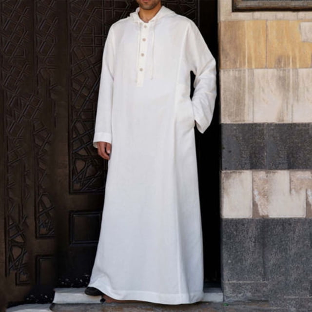 Aqestyerly Men Long Tops Men's Muslim Robe Set Arab Middle Robe Long Sleeve Hooded Button Casual Robe HWRETIE