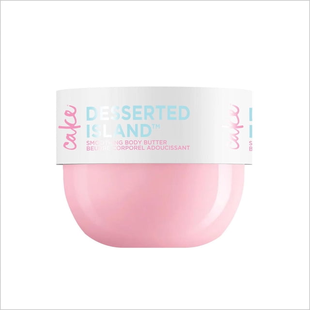 Cake Beauty Desserted Island Body Butter Balm 8oz in a smooth pink rounded jar with a white lid labeled in blue and pink text, enriched with shea butter for skin smoothing and radiance, vegan and cruelty-free, suitable for moisturizing dry skin areas.