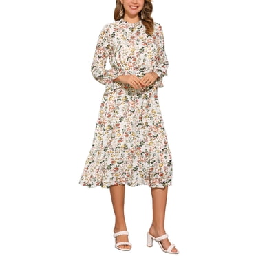 Robe CHIC pour Femmes à Fleurs Col Montant Manches Longues à Volants Fluide en Chiffon Robe Midi TP Blanc