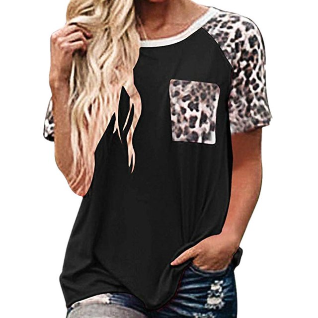 DYMADE Women Leopard Patchwork Crew Neck Short Sleeve Casual Loose Top