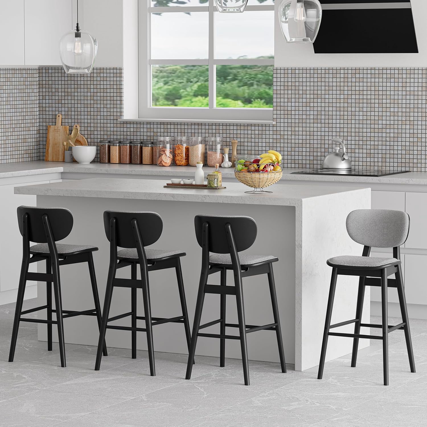 ANHDAH Mid Century Modern Bar Stools Set of 4, Wood Counter Height Chairs with Backrest and Footrest for Kitchen Island Breakfast Nook